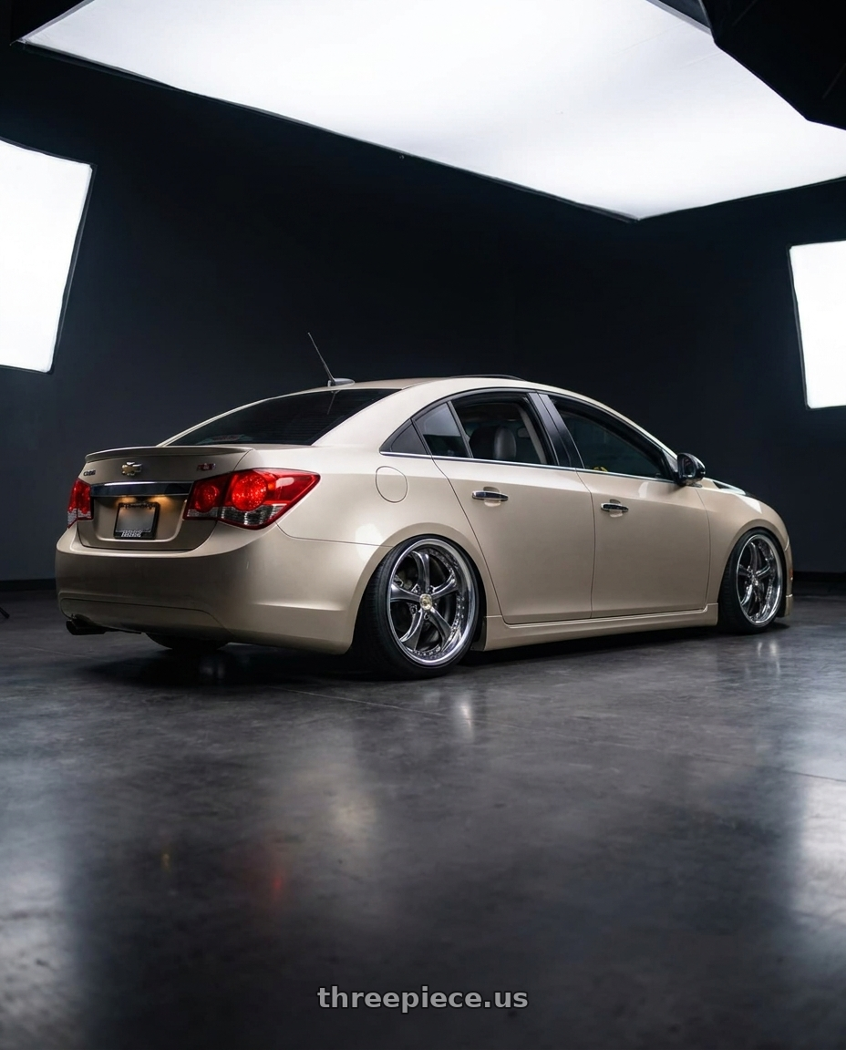 2014 chevy cruze RS champagne with Work Wheels VS-KF 5x105 18x8+40 Brilliant Silver Black A Disk FULL REVERSE wheels rear three quarter view slight stretch tires