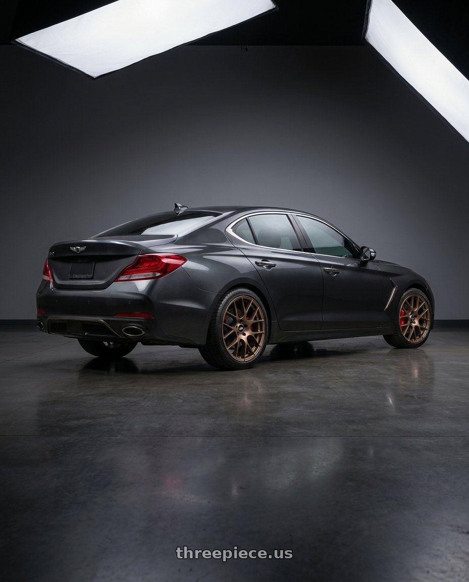 2019 Genesis G70 with Enkei Raijin 5x114.3 18x8+40 Bronze wheels rear three quarter view slight stretch tires