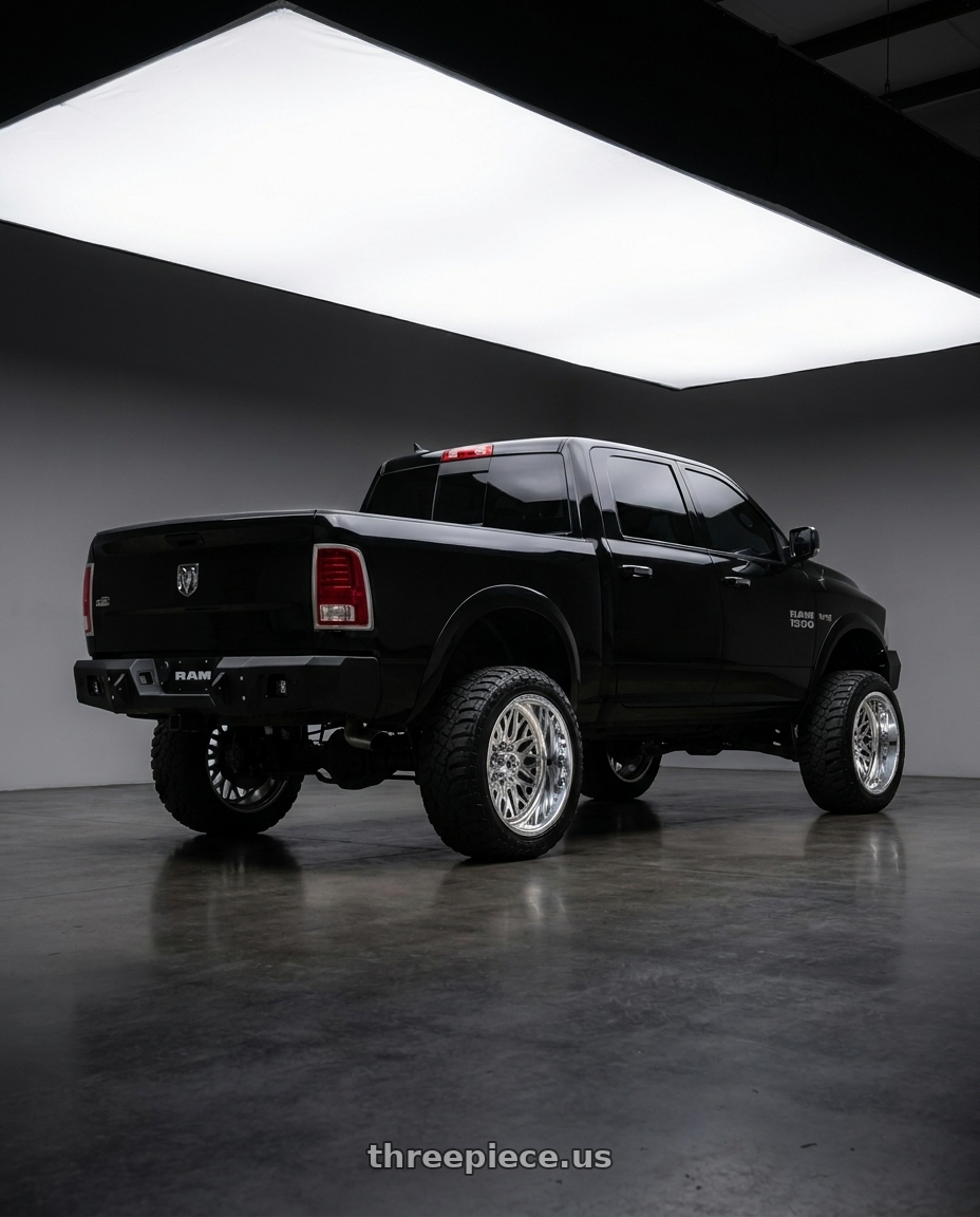 2016 Ram 1500 with Fuel Forged FF109 8x165.1 20x10 -25 POLISHED wheels rear three quarter view slight stretch tires