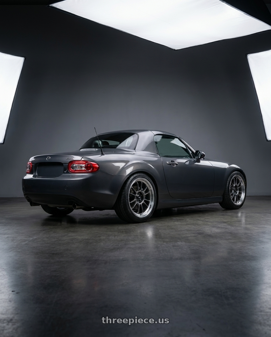 2014 Mazda Miata with Konig Hypergram 5x100 17x8+40 Metallic Carbon w/ Machined Lip wheels rear three quarter view square tires