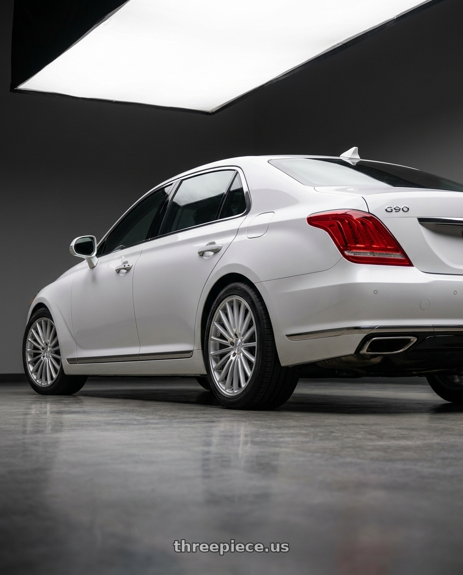 2018 genesis g90 ultimate with DOLCE PERFORMANCE GHOST 5x114.3 20x8.5 +38 Gloss Silver Machined Face wheels rear three quarter view square tires
