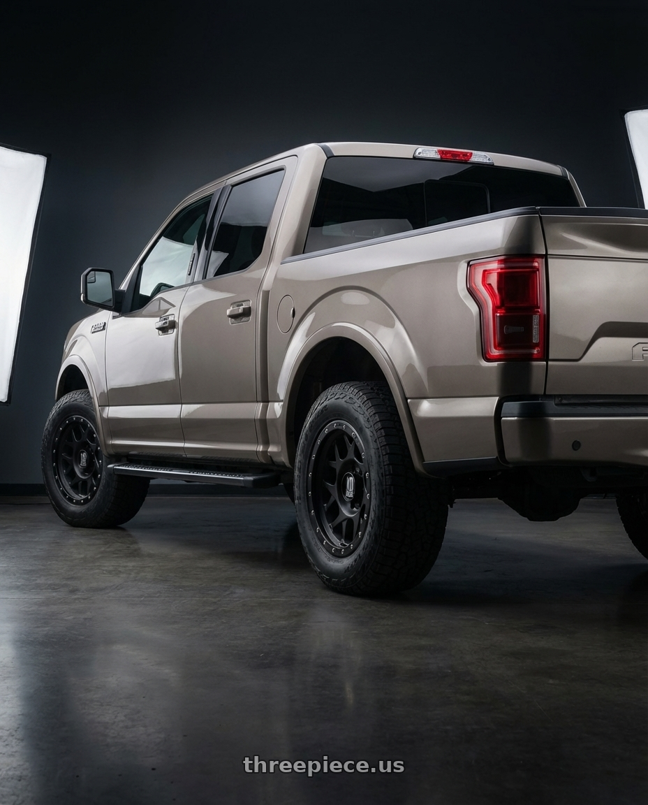 2019 Ford F-150 with XD XD127 BULLY 6X135 20X9 +18 SATIN BLACK WITH REINFORCING RING wheels rear three quarter view meaty tires