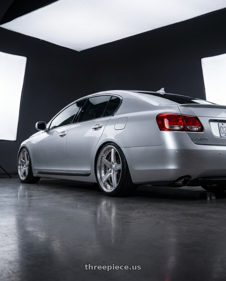 2006 Lexus gs300 with Work Gnosis Gr203 5x114.3 19x8.5+38 H Disk Brush Silver Clear wheels rear three quarter view square tires