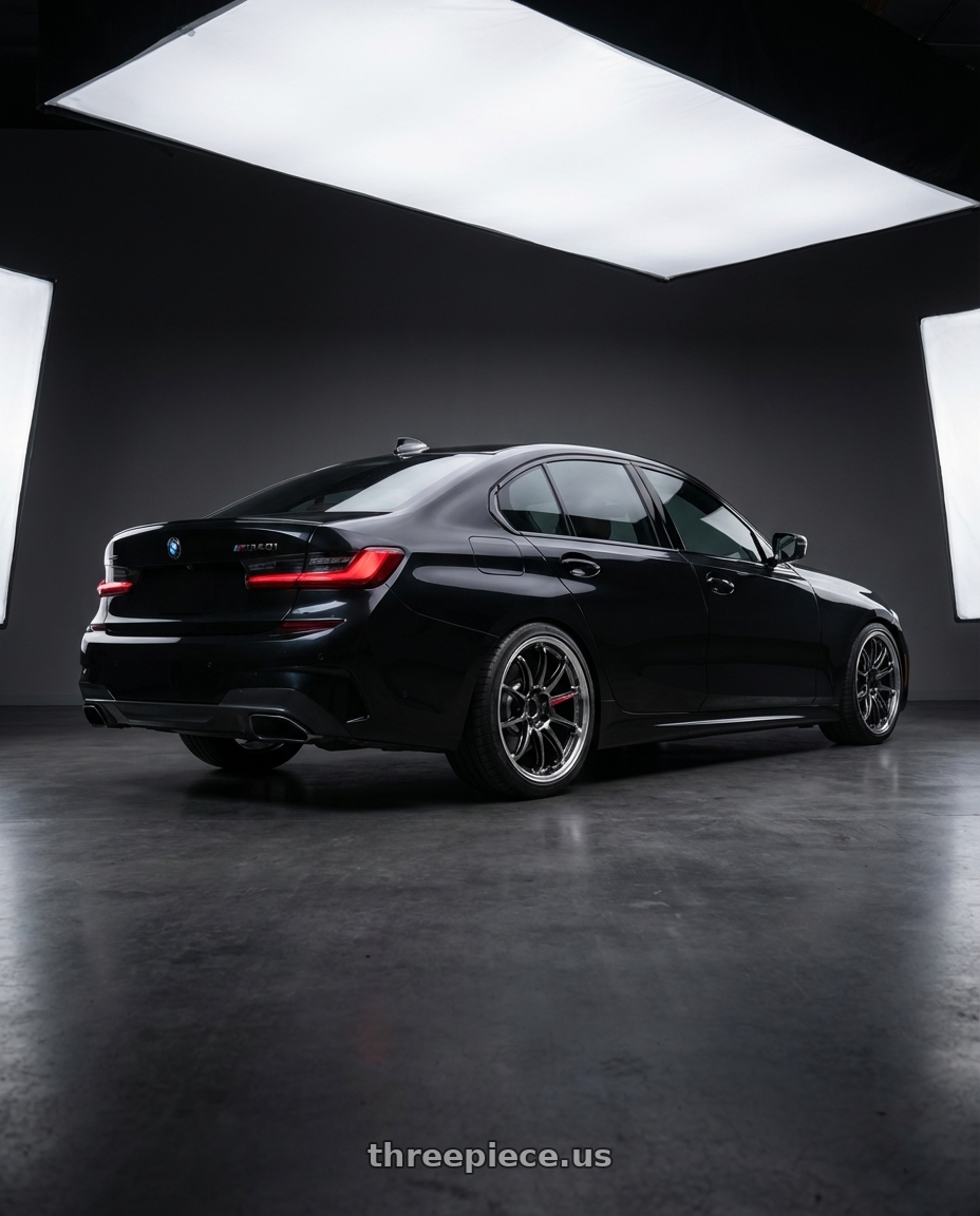 2020 BMW m340i with Work Emotion Zr10 5x100 19x10.5 +15 Glim Black Diamond Rim cut wheels rear three quarter view square tires