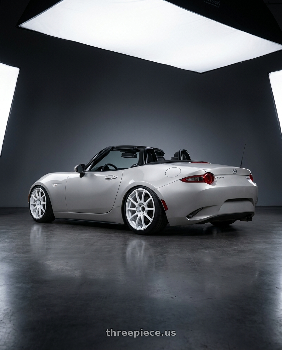 2021 Mazda MX-5 Miata ND with Advan RCIII 5x114.3 17x8+38 White wheels rear three quarter view slight stretch tires
