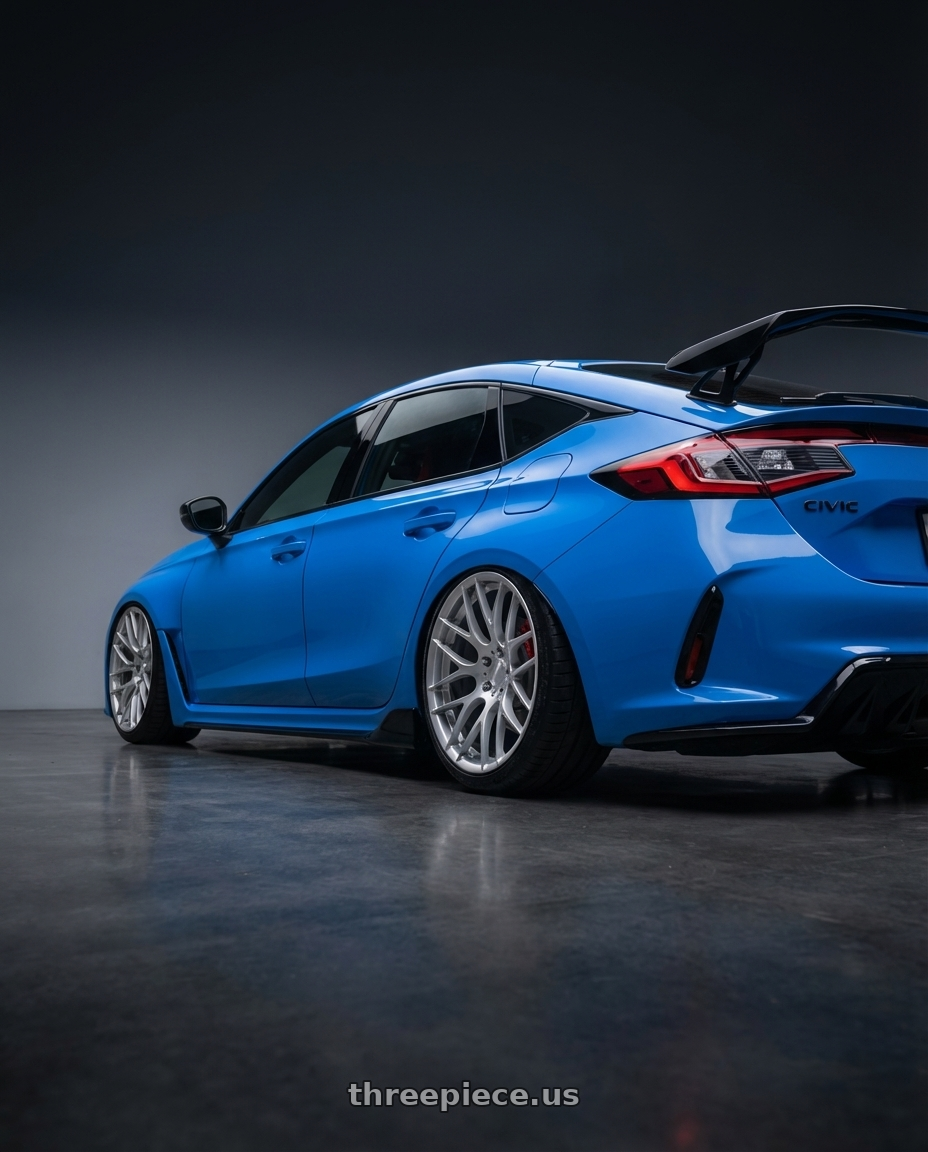 2024 Honda Civic Type R with Avant Garde Wheels M359 5X120 19x9 +18 Hyper Silver wheels rear three quarter view slight stretch tires