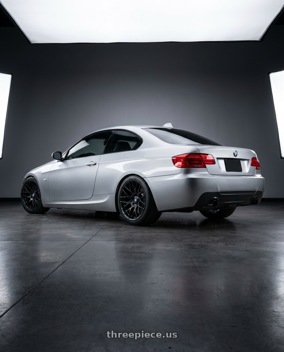 2012 BMW 3 Series E92 with Avant Garde Wheels M359 5X120 18x8.5 +15 Matte Black wheels rear three quarter view square tires