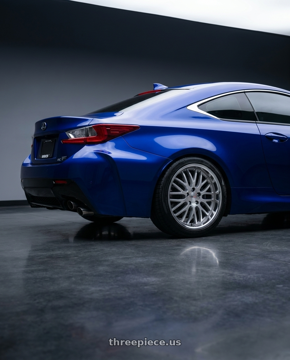 2019 Lexus RCF with Cray MANTA 5X120.65 19X10.5 +65 HYPER SILVER W/ MIRROR CUT LIP wheels rear three quarter view meaty tires