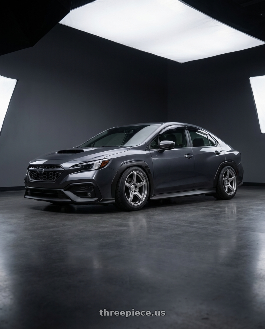 2024 Subaru wrx  with Work Emotion T5r 5x114.3 18x9.5 +22 Glow Silver wheels front three quarter view slammed stance