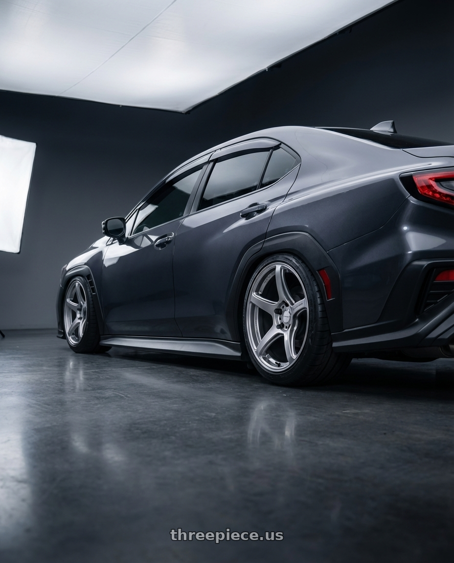 2024 Subaru wrx  with Work Emotion T5r 5x114.3 18x9.5 +22 Glow Silver wheels rear three quarter view meaty tires