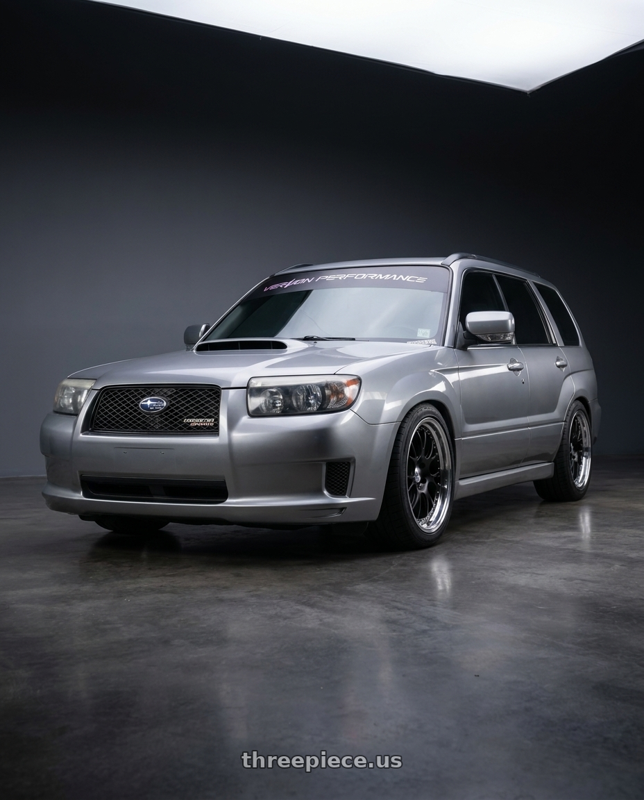 2007 Subaru Forester XT Limited with SSR Professor MS3 5x100 18x8+37 NR Disk Flat Black wheels front three quarter view lowered stance