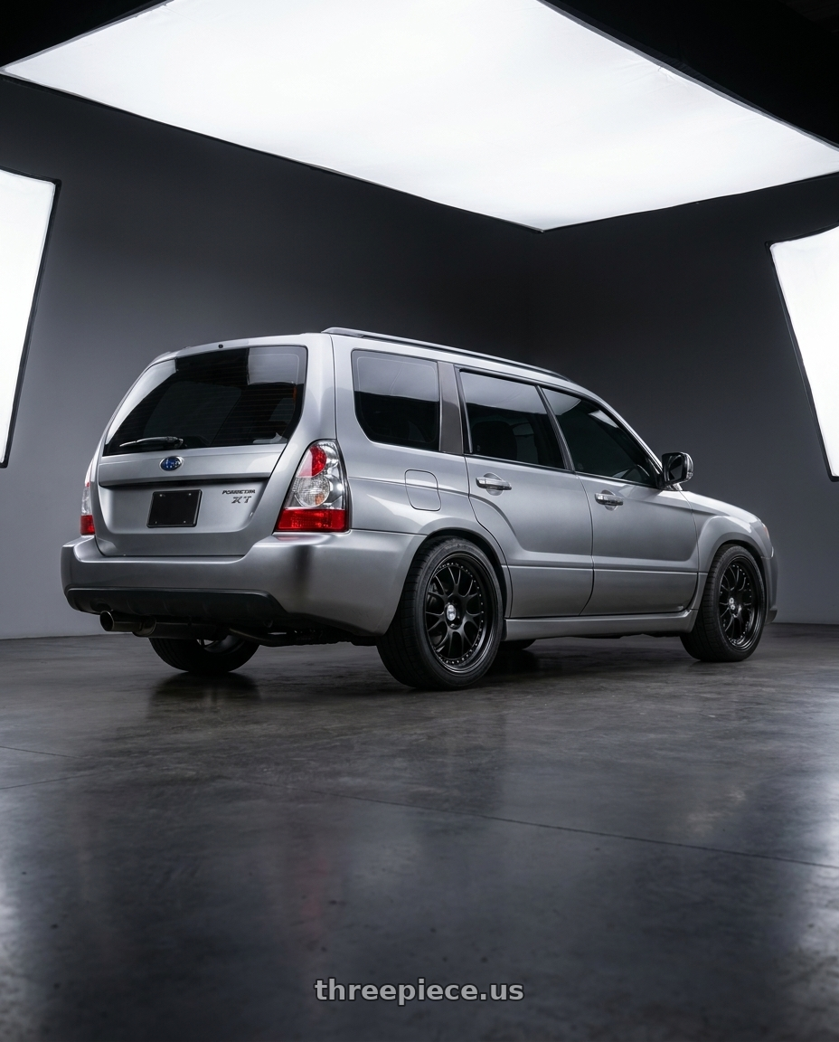 2007 Subaru Forester XT Limited with SSR Professor MS3 5x100 18x8+37 NR Disk Flat Black wheels rear three quarter view square tires