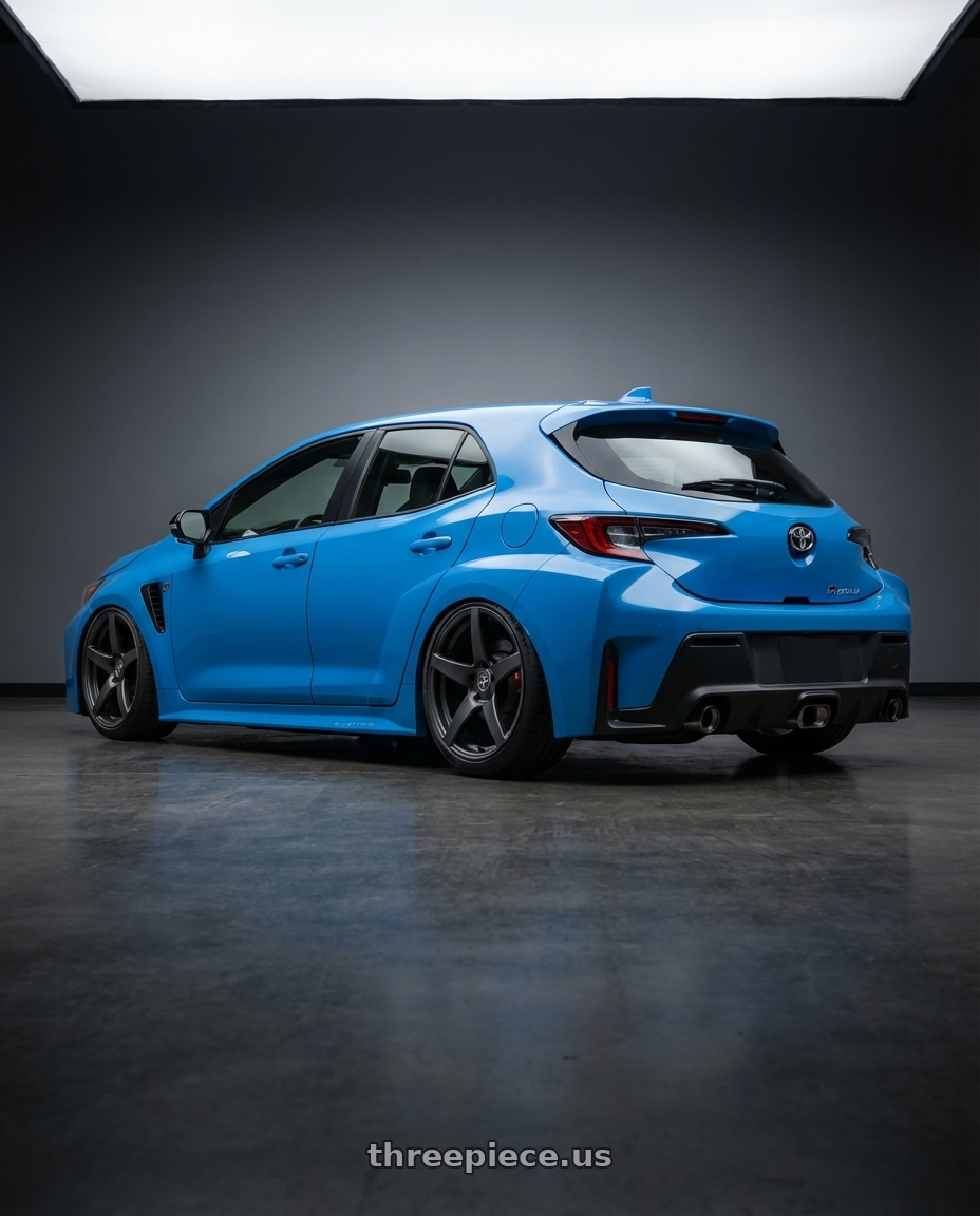 2024 Toyota GR Corolla with Forgestar CF5 5x114.3 18x10 +42 Satin Black wheels rear three quarter view slight stretch tires