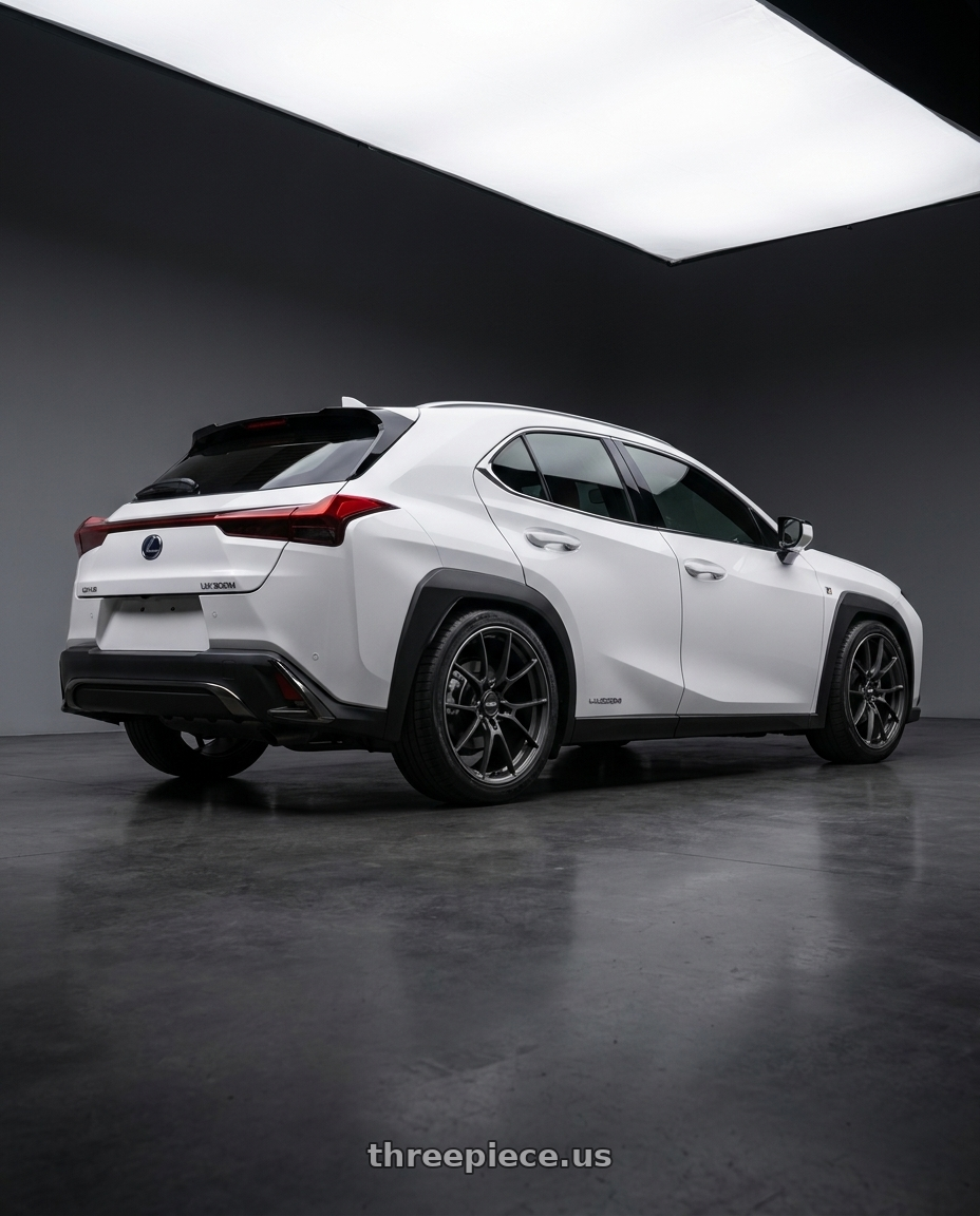 2025 Lexus UX300H with Volk Racing G025 5x114.3 18x8.5+44 Matte Gunblack / Rim Edge DC wheels rear three quarter view square tires