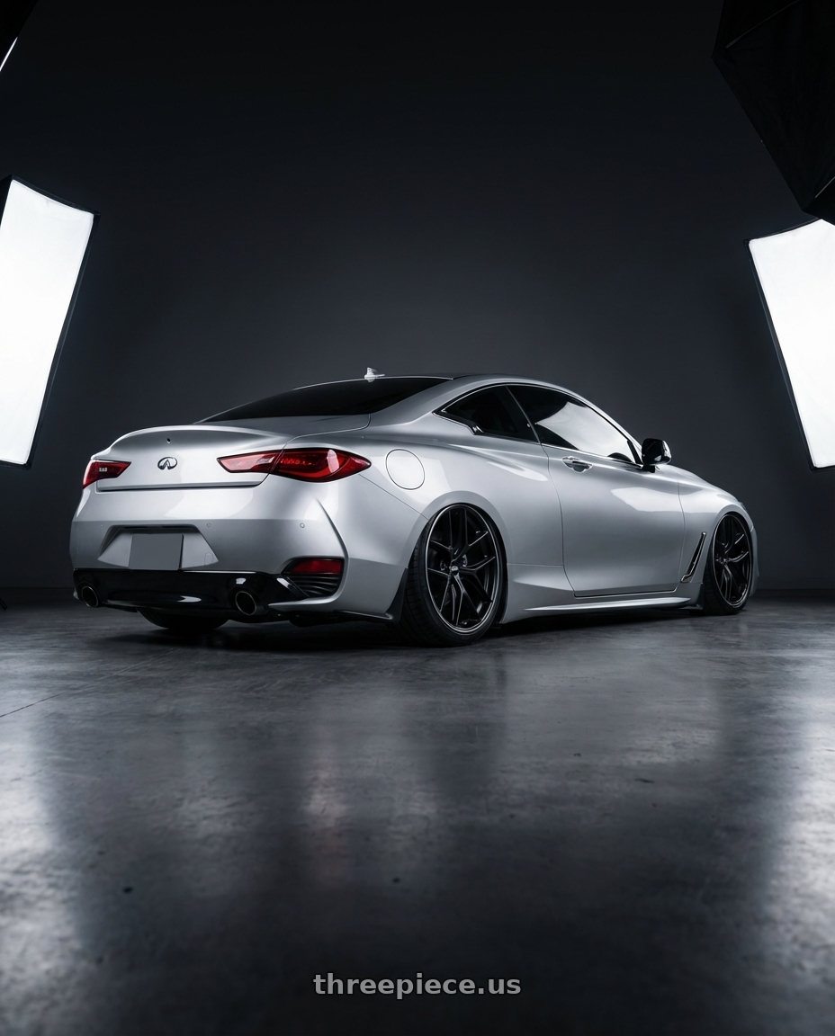 2020 Infiniti Q60 with BBS CC-R 5x114.3 20x10.5+25 Satin Black wheels rear three quarter view slight stretch tires