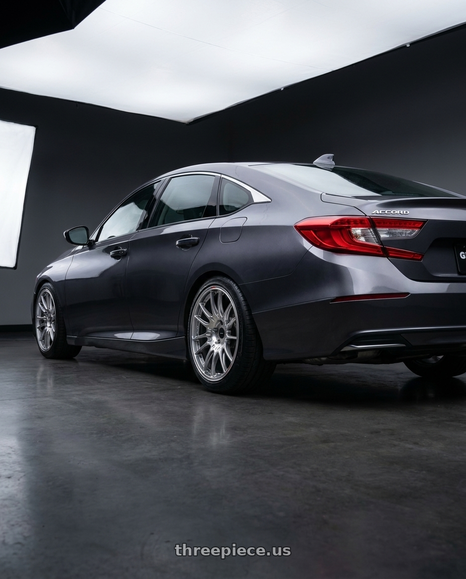 2019 honda accord lx with Enkei GTC02 5x112 18x9+25 Hyper Silver wheels rear three quarter view slight stretch tires
