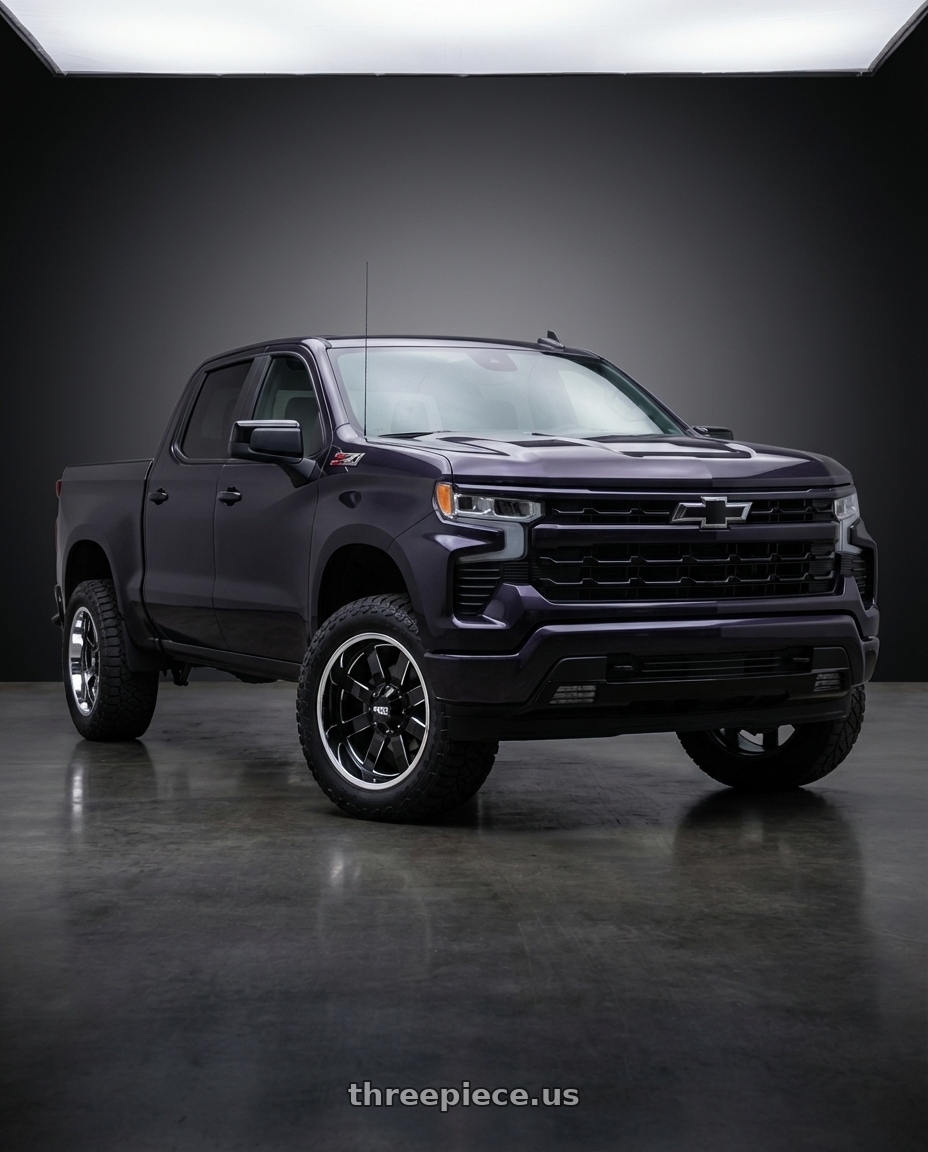 2023 Chevrolet Silverado 1500 with Moto Metal MO200 6X139.7 20X10 -18 GLOSS BLACK MILLED CENTER CHROME LIP wheels