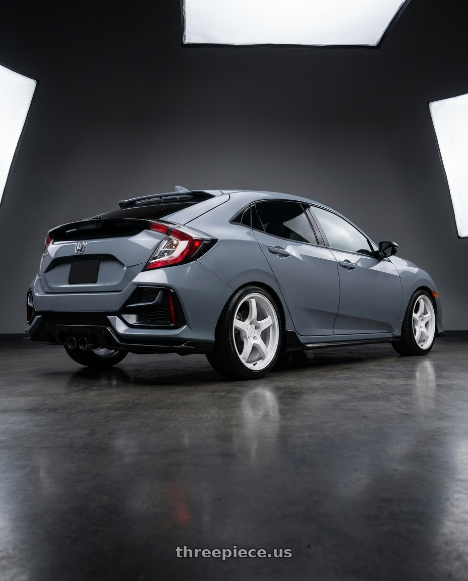 2021 Honda Civic sports hatchback with Gram Lights 57CR 5x114.3 18x9.5 +38 CERAMIC WHITE PEARL wheels rear three quarter view slight stretch tires