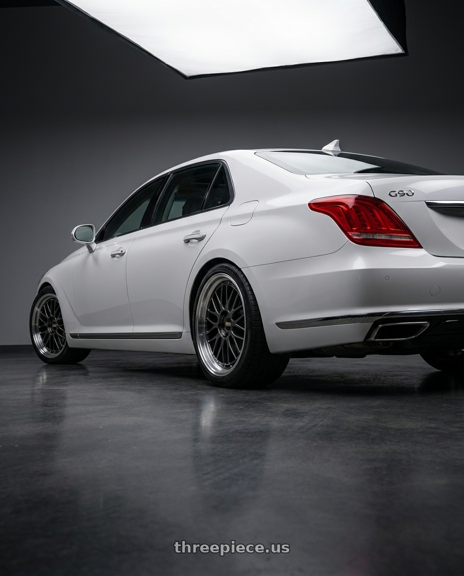 2018 genesis g90 ultimate with BBS LM 5x114.3 20x9.0+28 Diamond Black wheels rear three quarter view square tires