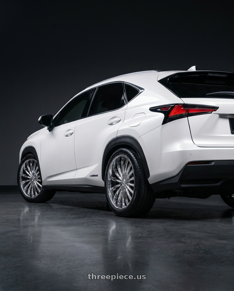 2019 Lexus NX with VELOCITY 11 5X114.3/5X120 20x8.5 +35 CHROME wheels rear three quarter view slight stretch tires
