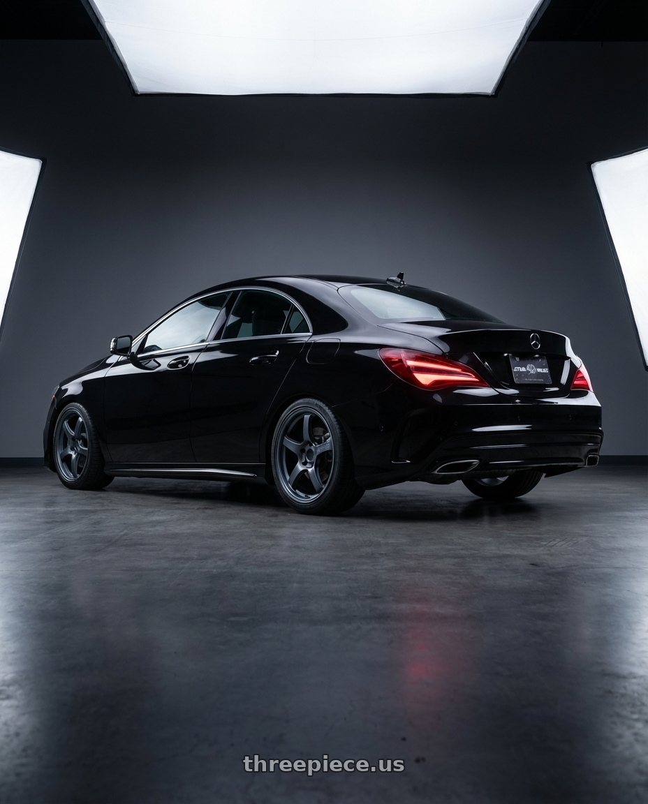 2018 Mercedes-Benz CLA C117 with Gram Lights 57CR 5x112 19x9.5+25 Gunblue II wheels rear three quarter view square tires