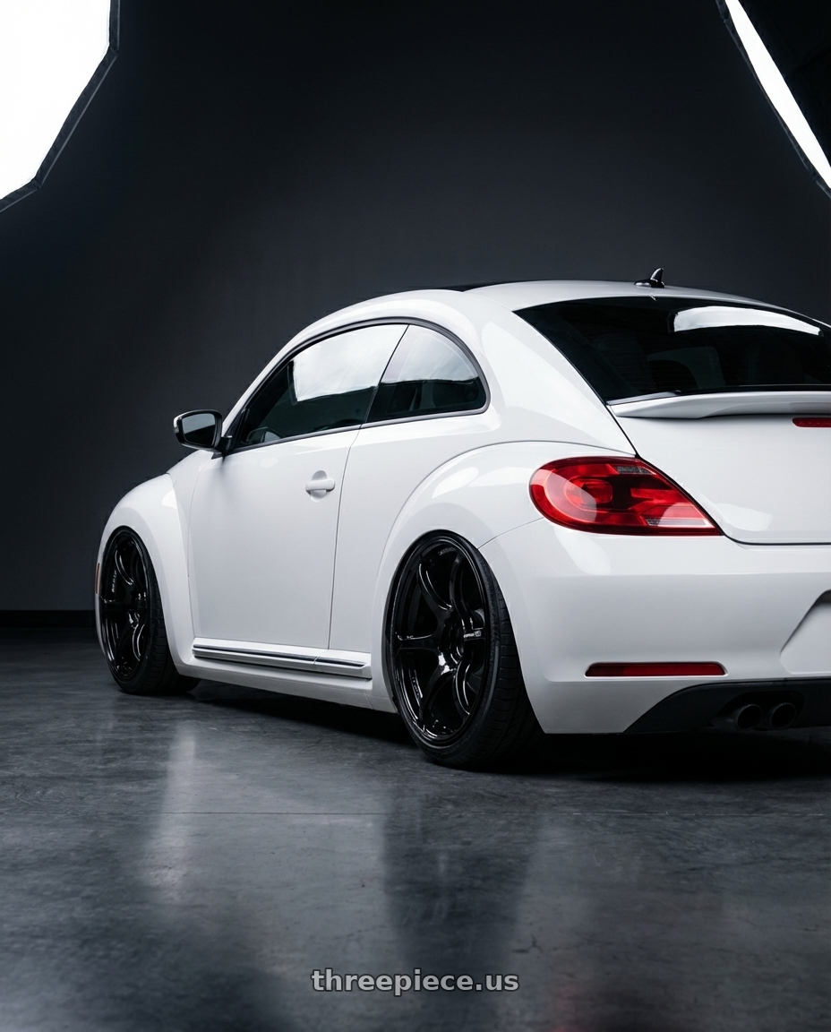 2016 Volkswagen Beetle Turbo with Advan RGIII 5x112 19x8.5+45 Gloss Black wheels rear three quarter view slight stretch tires