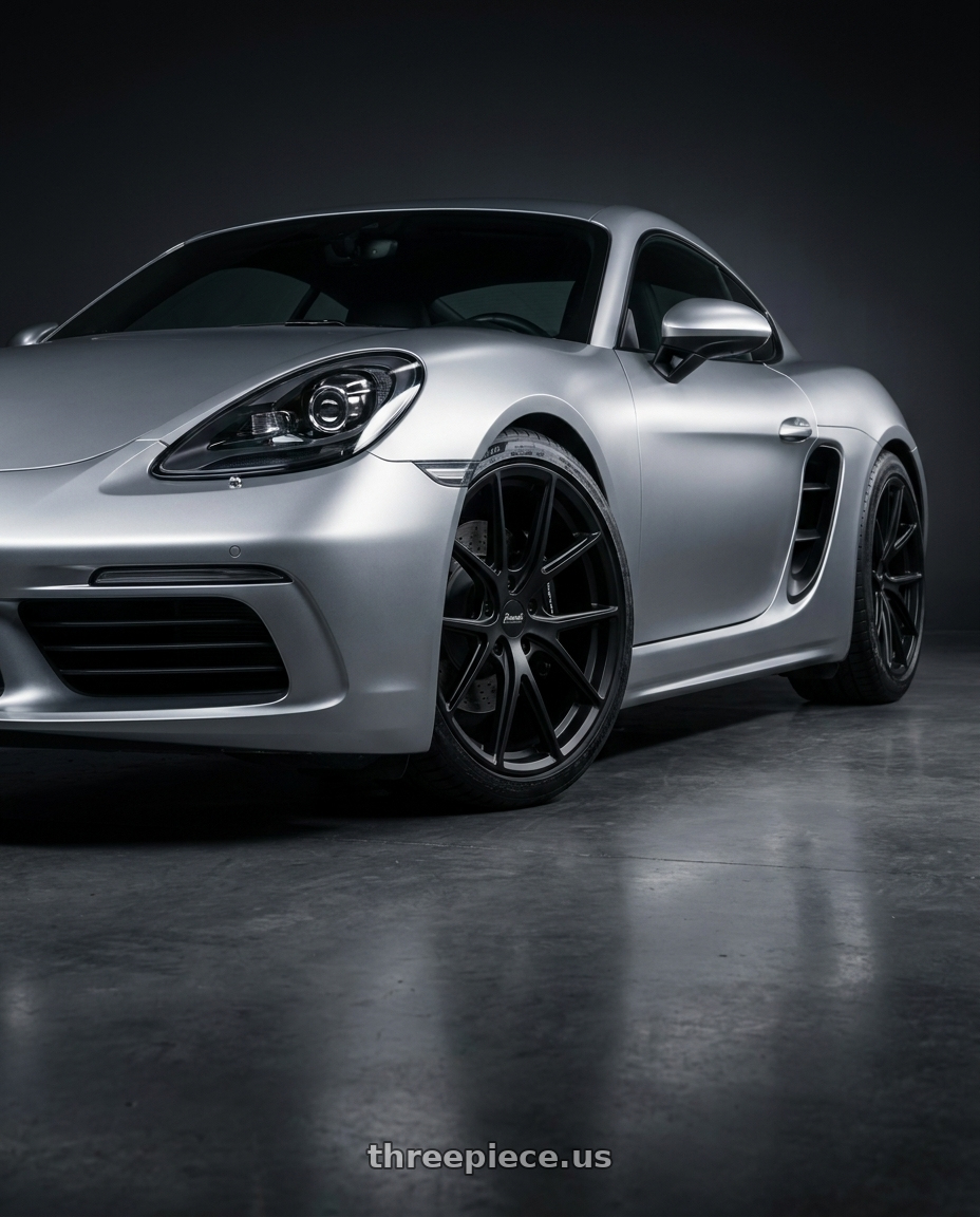 2019 718 Cayman, Satin Chrome Silver with Bravado 08B Tribute 5x114.3 19x10.5 +45 Matte Black wheels