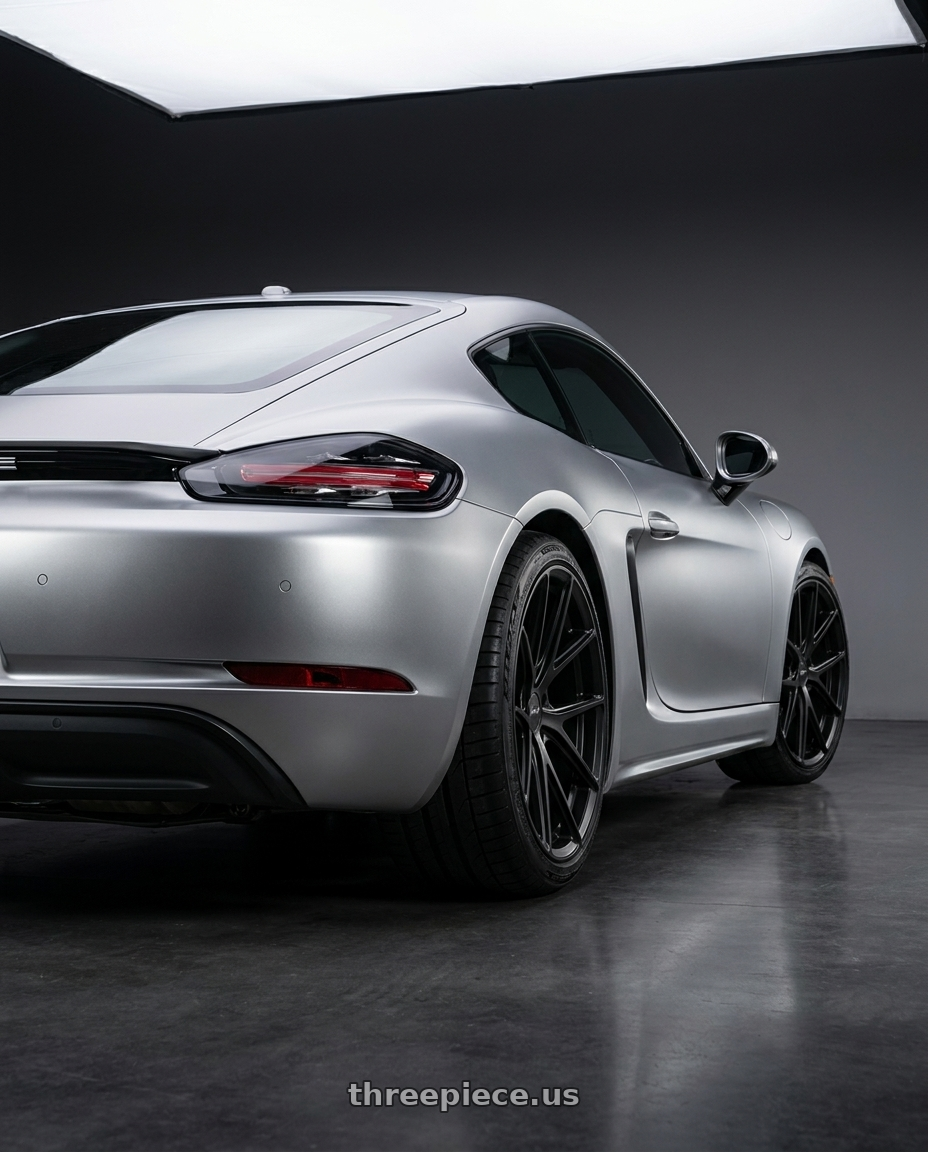 2019 718 Cayman, Satin Chrome Silver with Bravado 08B Tribute 5x114.3 19x10.5 +45 Matte Black wheels rear three quarter view square tires