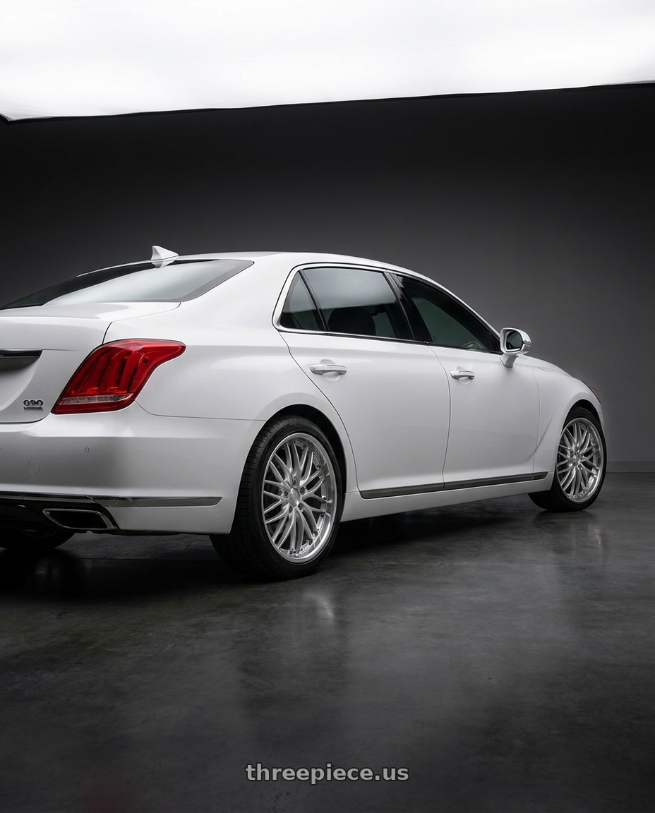 2018 genesis g90 ultimate with MRR GT1 5x114.3 20x10  +40 Hyper Silver Machine Lip wheels rear three quarter view square tires