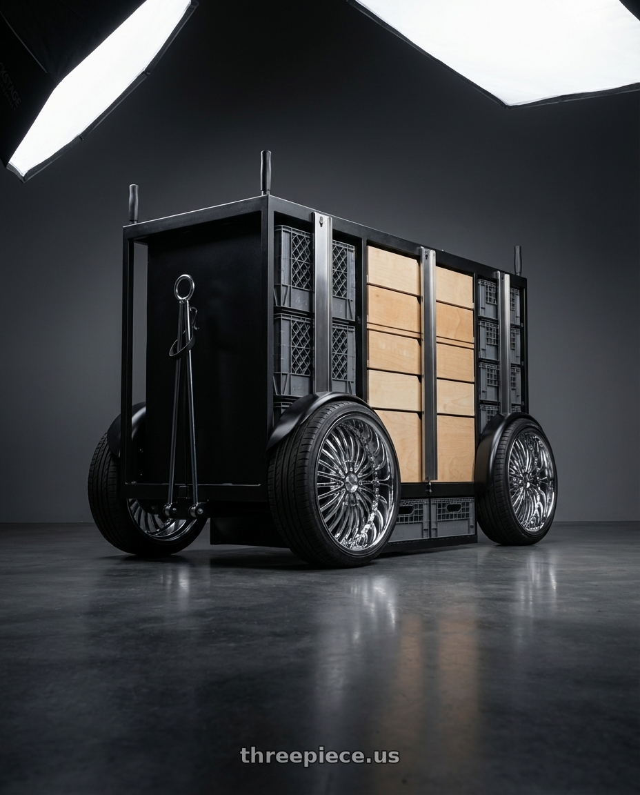 2020 Backstage Equipment 8 Crate Set Box Platinum Series Studio / Stage Cart, black with Strada Spina 5x114.3/5x120 22x8.5 +40 Chrome wheels rear three quarter view extreme stretch tires