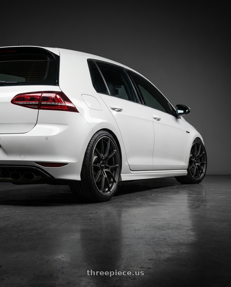 2014 Volkswagen Golf R MK7  with Volk Racing G025 5x114.3 18x8.5+35 Matte Gunblack / Rim Edge DC wheels rear three quarter view square tires