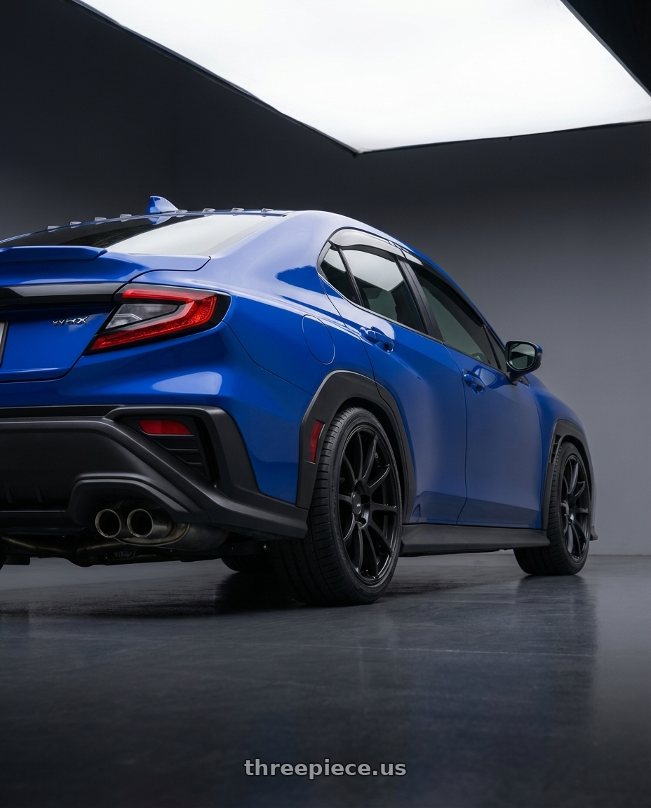 2024 Subaru WRX with Ssr Gtv02 5x114.3 18x8.5+40  FLAT BLACK wheels rear three quarter view square tires