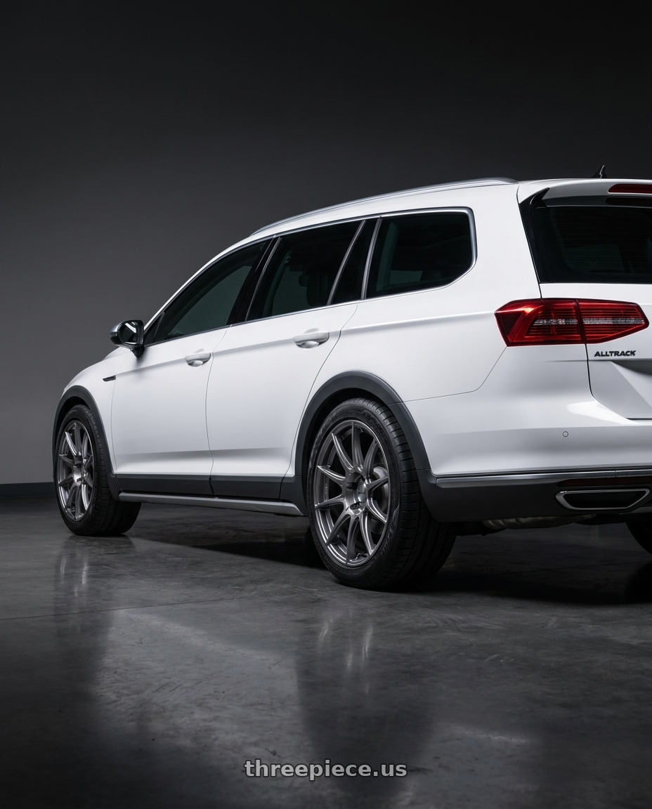 2016 volkswagen passat with Ssr Gtx01 5x112 19x8.5+45  DARK SILVER wheels rear three quarter view meaty tires