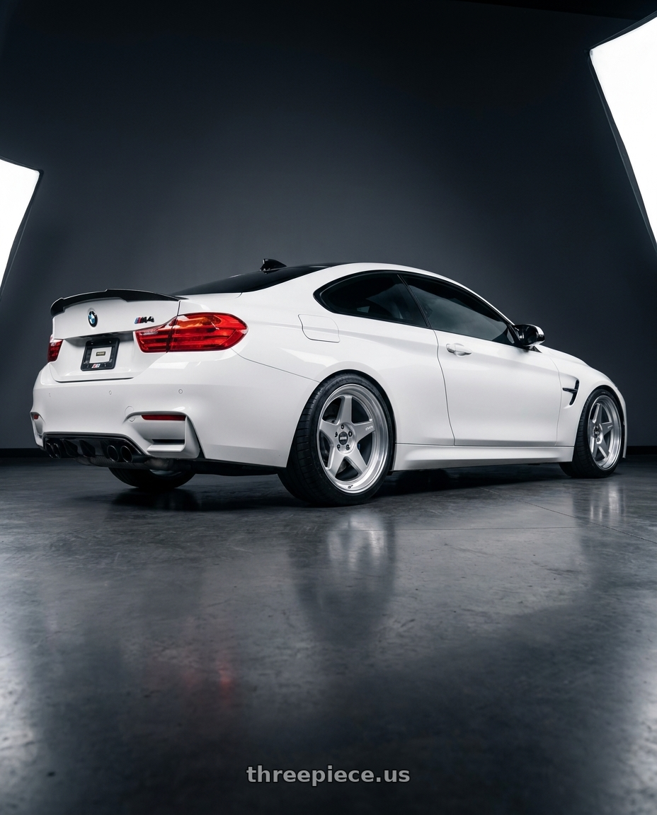 2015 BMW M4 with ESR Wheels CR SERIES CR5 5x108 19x11 +25 Hyper Silver wheels rear three quarter view square tires