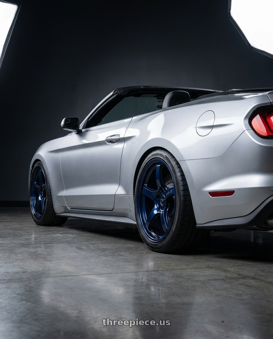 2018 ford mustang with Gram Lights 57CR 5x114.3 19x9.5 +45 ETERNAL BLUE PEARL wheels rear three quarter view square tires