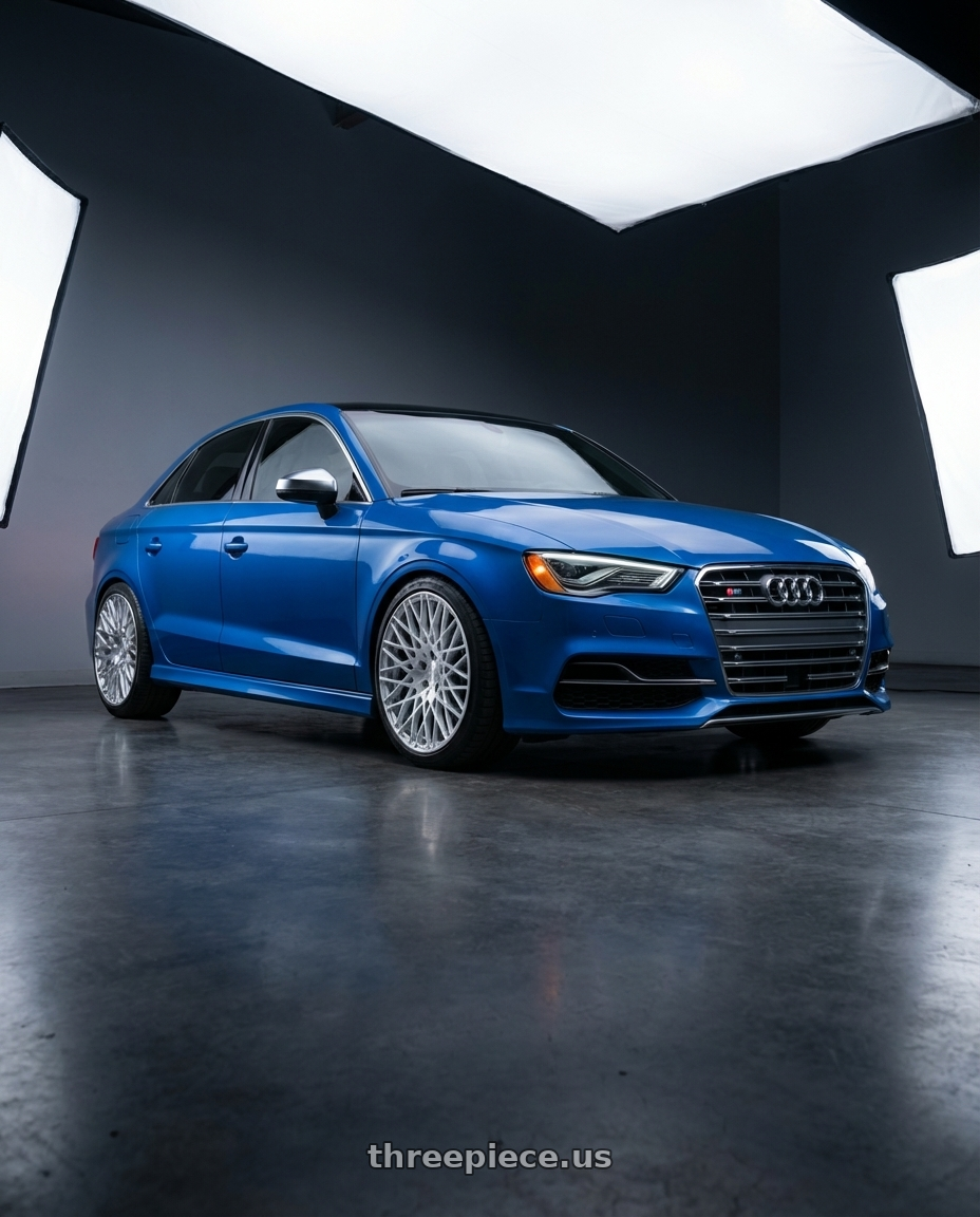 2019 Audi S3 8V with Avant Garde Wheels M540 5X112 18x9 +48 Silver Machined wheels front three quarter view lowered stance