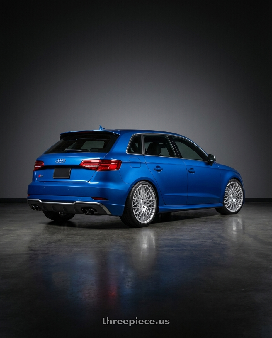 2019 Audi S3 8V with Avant Garde Wheels M540 5X112 18x9 +48 Silver Machined wheels rear three quarter view square tires