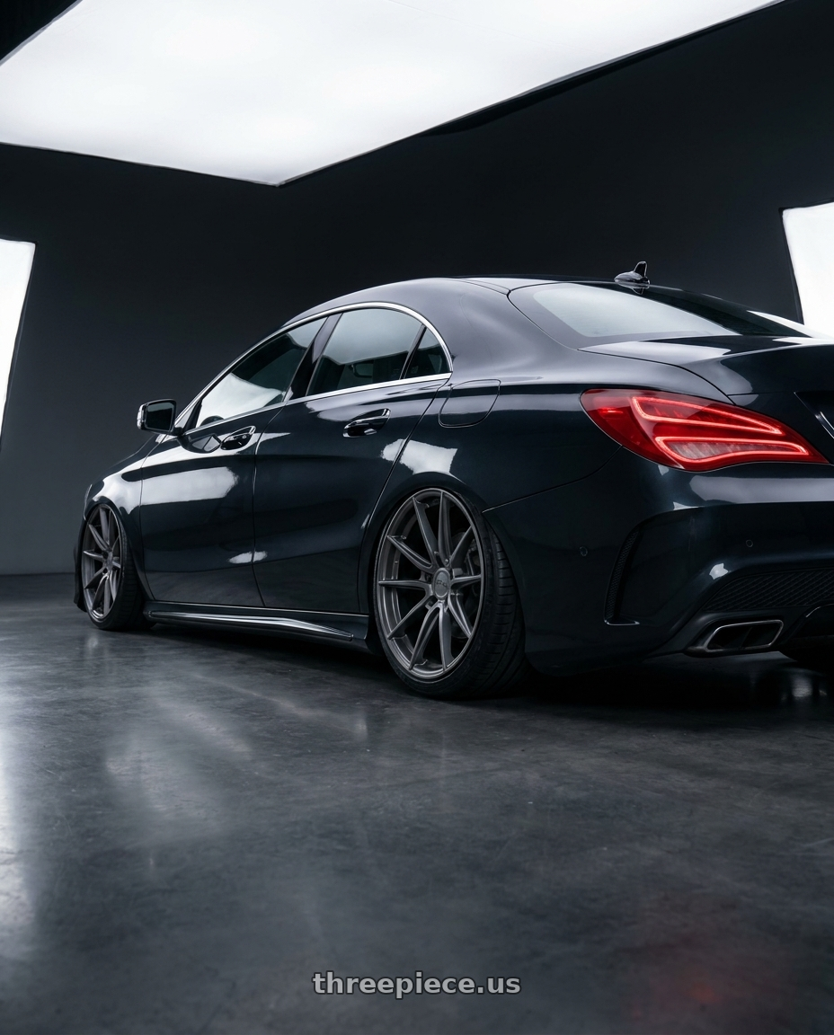 2018 Mercedes-Benz CLA C117 with Niche 1PC M116 MISANO 5X112 19X9.5 +50 MATTE GUN METAL wheels rear three quarter view slight stretch tires