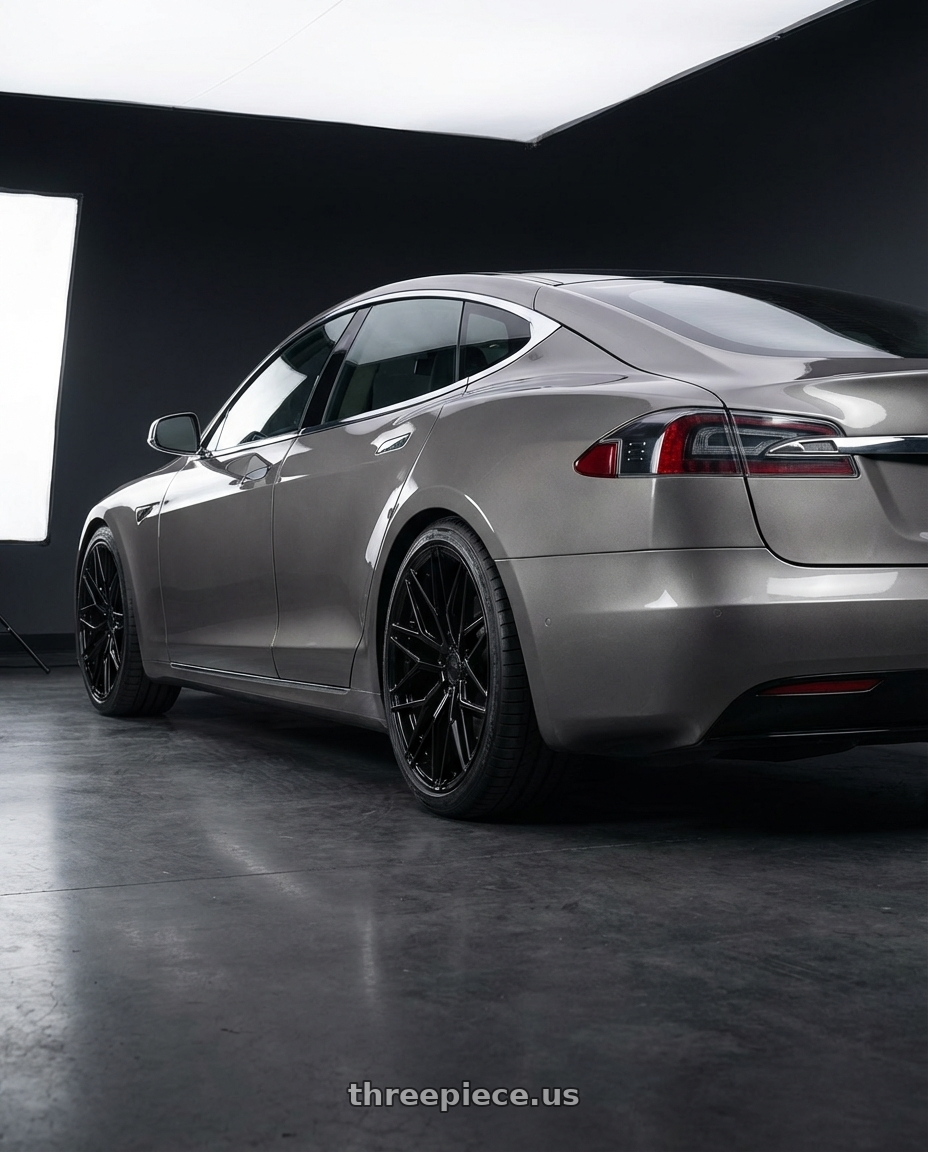 2018 Tesla Model S with Avant Garde Wheels M520R 5X120 21x12 +52 Gloss Black wheels rear three quarter view square tires