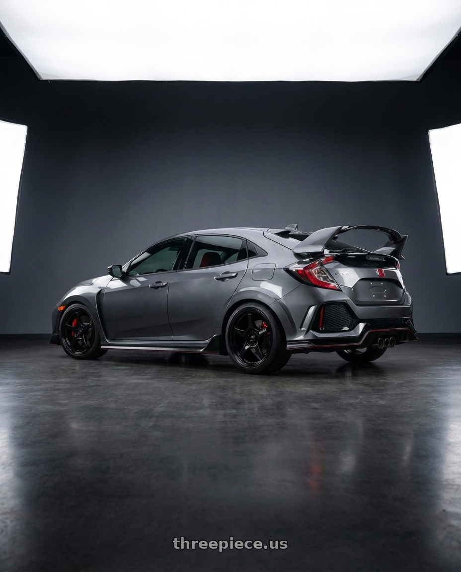 2019 honda civic type r with Enkei TS-5 5x120 18x9.5+45 Black wheels rear three quarter view slight stretch tires