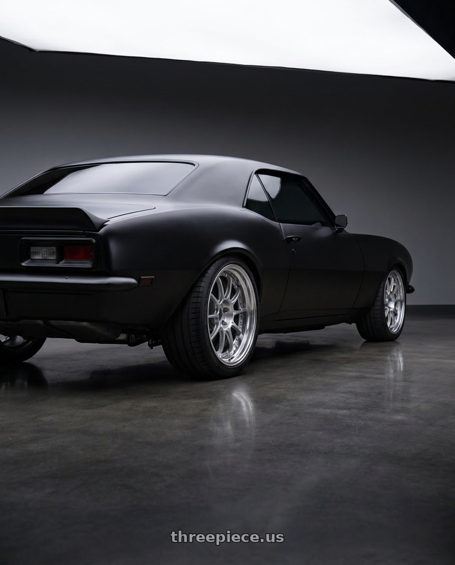 1968 Chevy Camaro with SSR Professor SP5 5x120 19X10+24 NR Disk High Bright Silver wheels rear three quarter view square tires