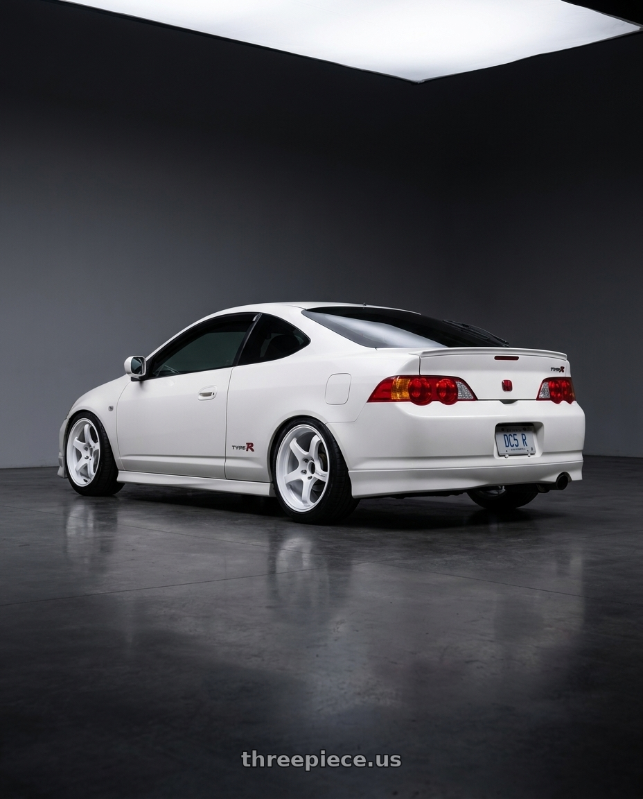 2005 Honda Integra type r with Advan Racing GT BEYOND 5x114.3 17x9.0 +45 RACING WHITE wheels rear three quarter view slight stretch tires