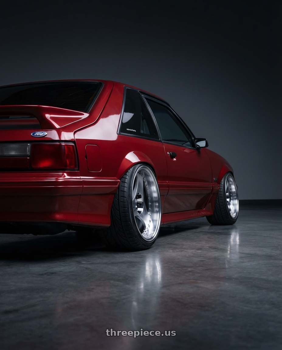 1986 Ford Mustang GT with Advan Racing ONI2 PROGRESSIVE 5x114.3 20x10.0 +42 MACHINING & DIAMOND CUT wheels rear three quarter view extreme stretch tires