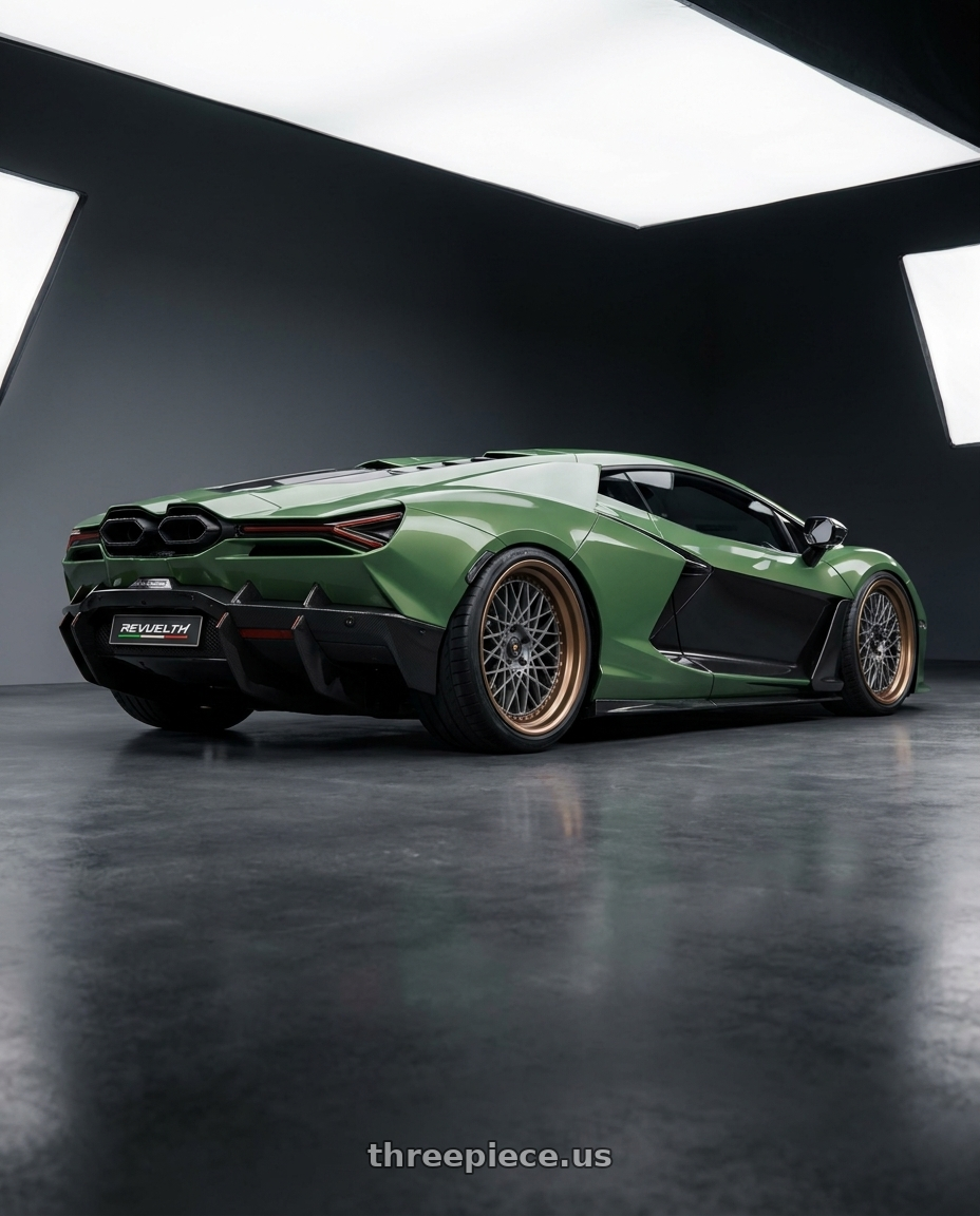 2026 Lamborghini Revelto with Heritage Wheel FUJI wheels rear three quarter view extreme stretch tires