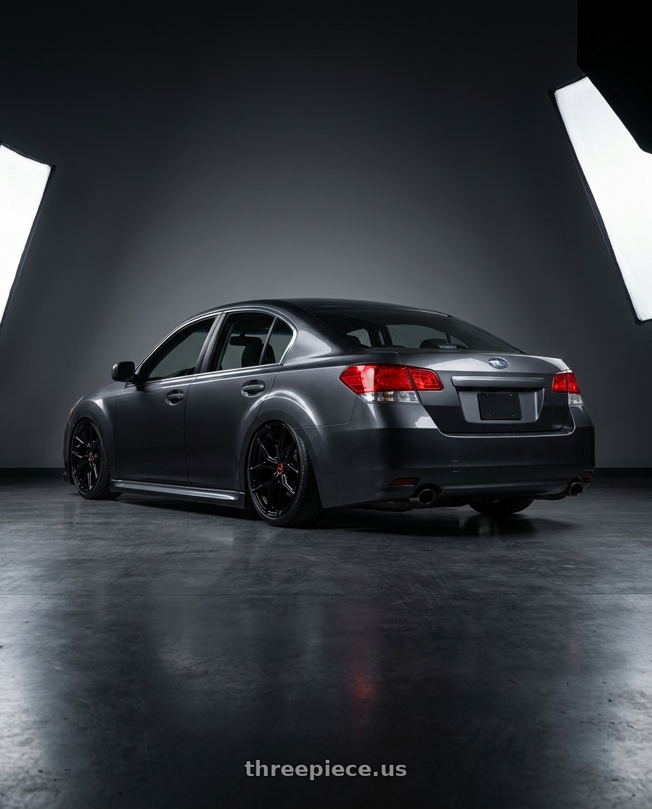 2011 Subaru Legacy Ts with VOSSEN HF-5 5X114.3 19x9.5 +40 GLOSS BLACK wheels rear three quarter view slight stretch tires
