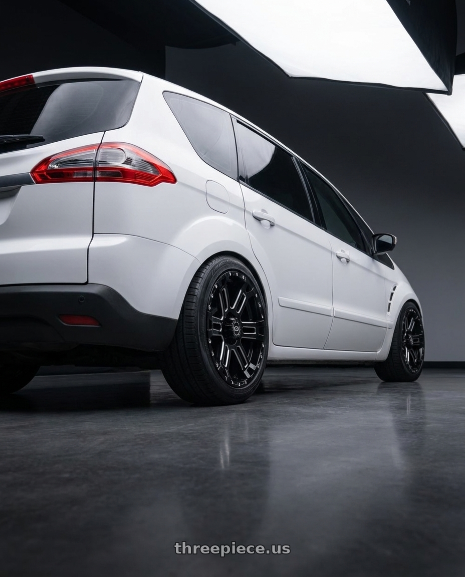 2011 Ford I Max White with Enkei Commander 6x135 18x8.5+25 Black Machined wheels rear three quarter view square tires