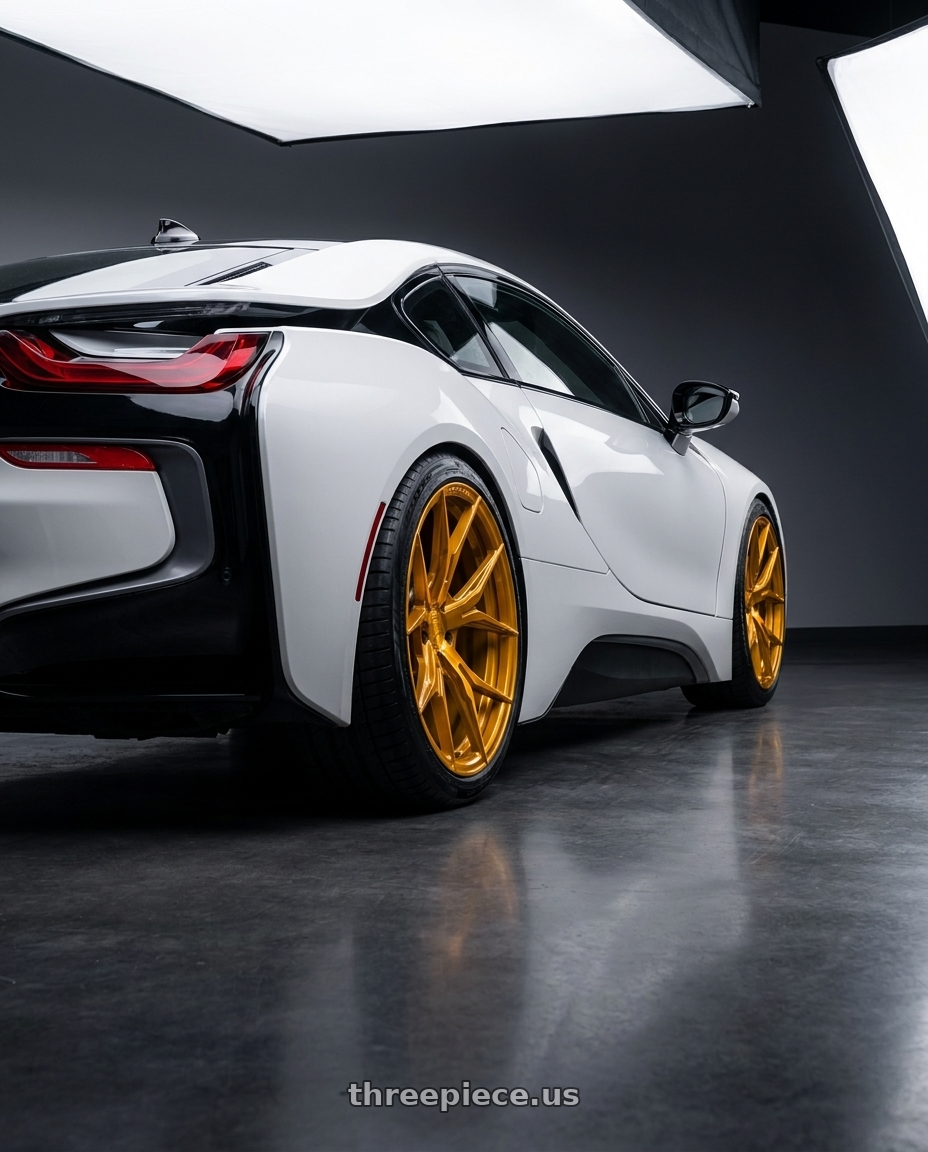 2015 BMW i8 with Rohana RFX5 5x112 20x10+45 Gloss Gold wheels rear three quarter view slight stretch tires