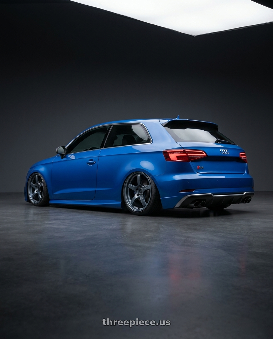 2019 Audi S3 8V with Gram Lights 57CR 5x112 19x9.5+25 Gunblue II wheels rear three quarter view slight stretch tires