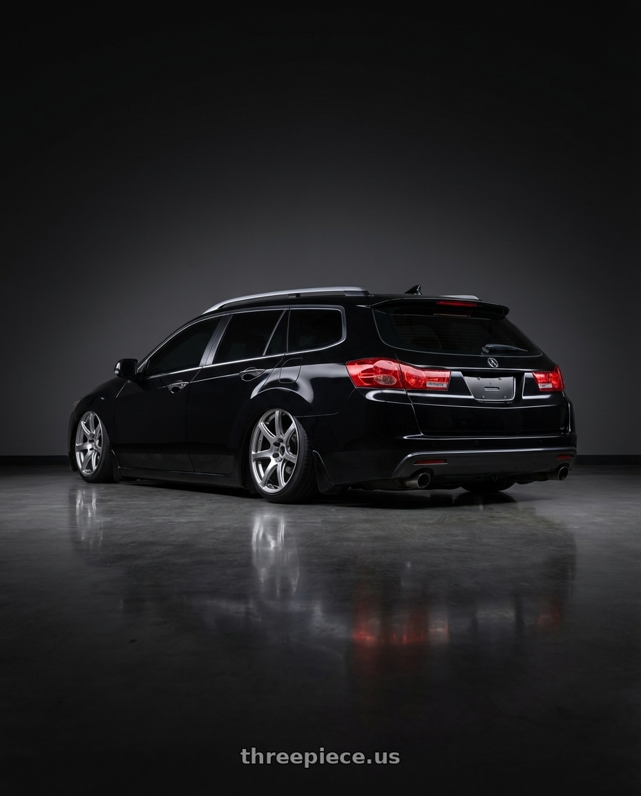 2012 Acura TSX Wagon with Work Emotion T7r 5x100 18x9.5 +22 Gt Silver wheels rear three quarter view slight stretch tires