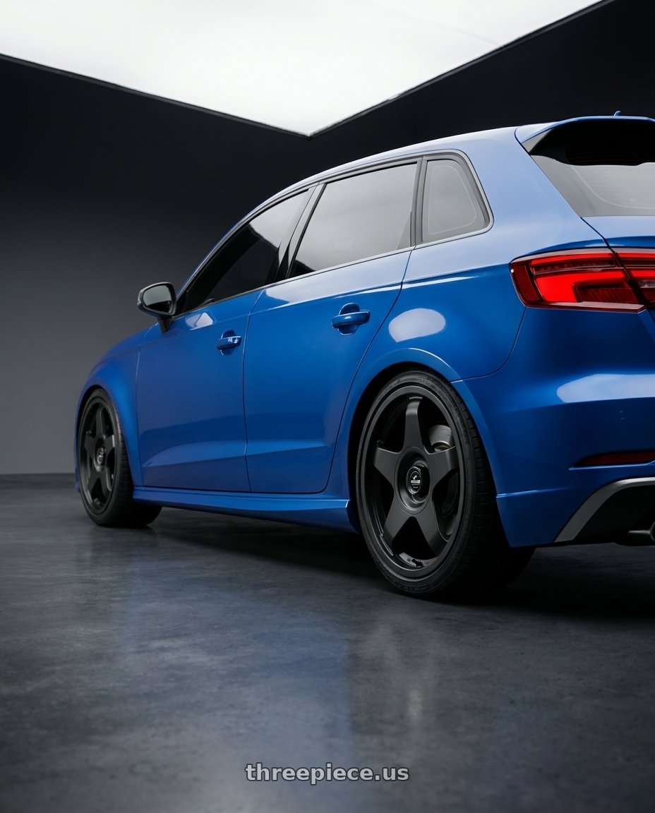 2019 Audi S3 8V with fifteen52 CHICANE 5x112 / 5x120 18x8.5 +35 ASPHALT BLACK (SATIN BLACK) wheels rear three quarter view square tires